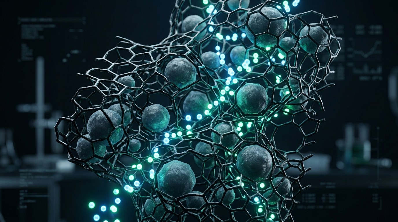 3D Molecular Visualization of Silicon-Carbon Anode Chemistry showing porous graphene carbon matrix encapsulating silicon particles with lithium ions