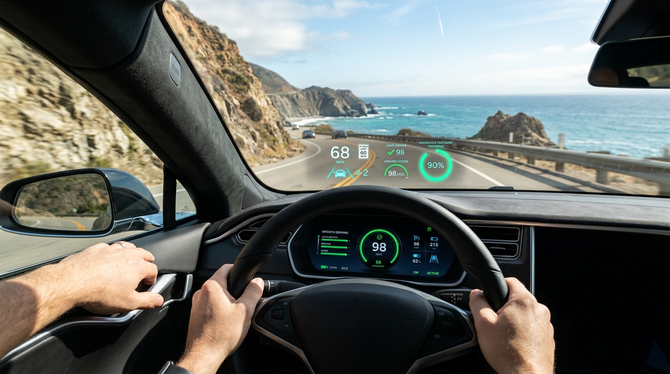 Connected car head-up display showing real-time telematics safe driving score and insurance discount tracking