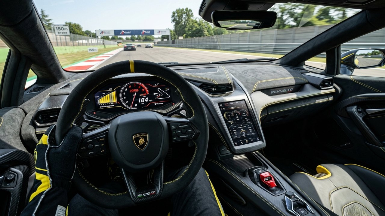 Cockpit sports mode instrument dials displaying ECU overrun calibration, rev limiter cut, and ignition timing retardation