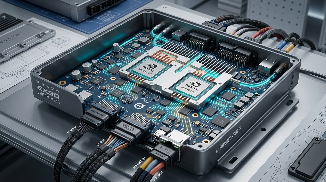 3D Technical Cutaway of Volvo EX90 central AI computing unit with dual NVIDIA DRIVE Orin system-on-chips, liquid cooling channels, and high-speed PCIe bus