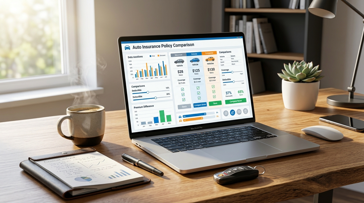Digital auto insurance policy comparison dashboard on laptop with premium savings charts and rate breakdown