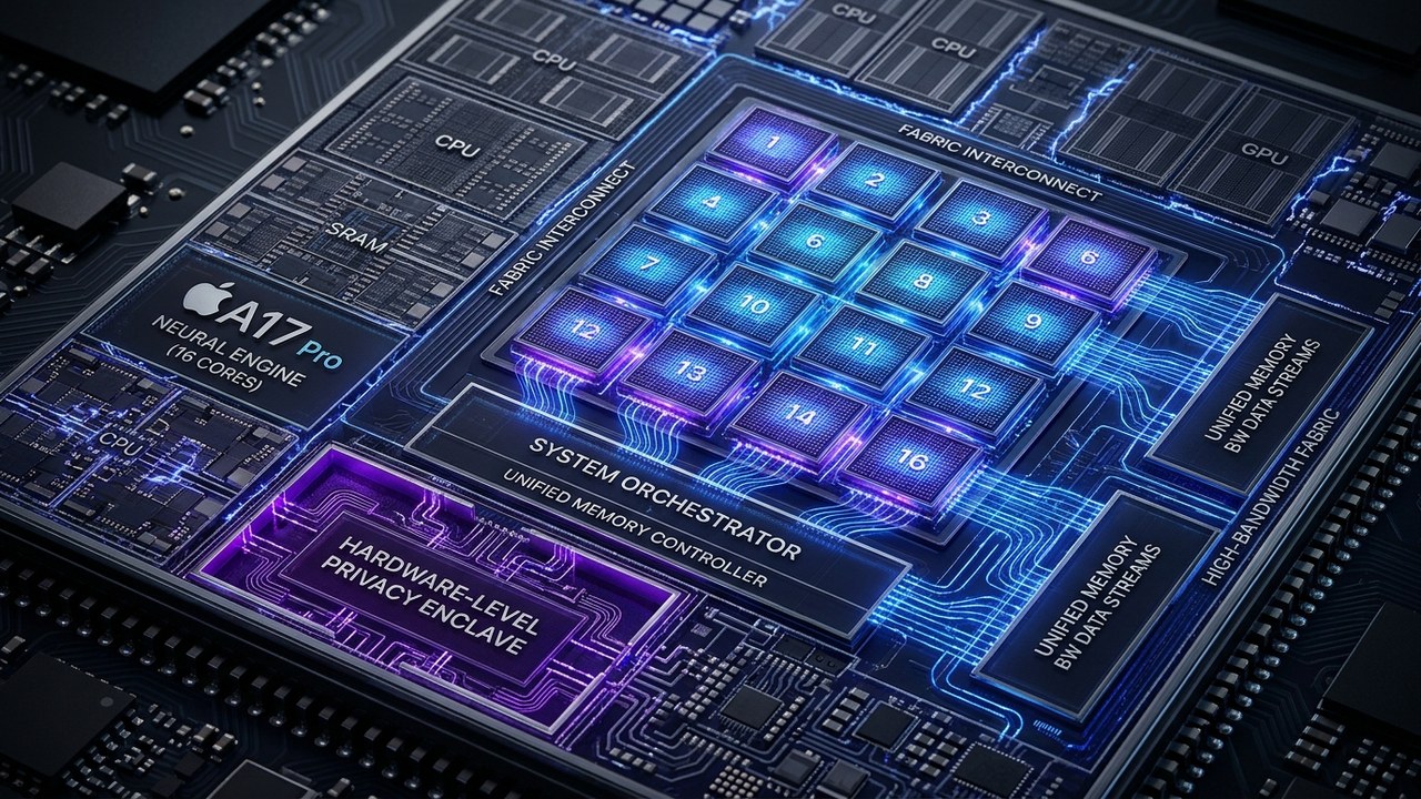 Macro semiconductor visualization of Apple Silicon A-series Neural Engine Cluster, System Orchestrator, and hardware privacy enclave
