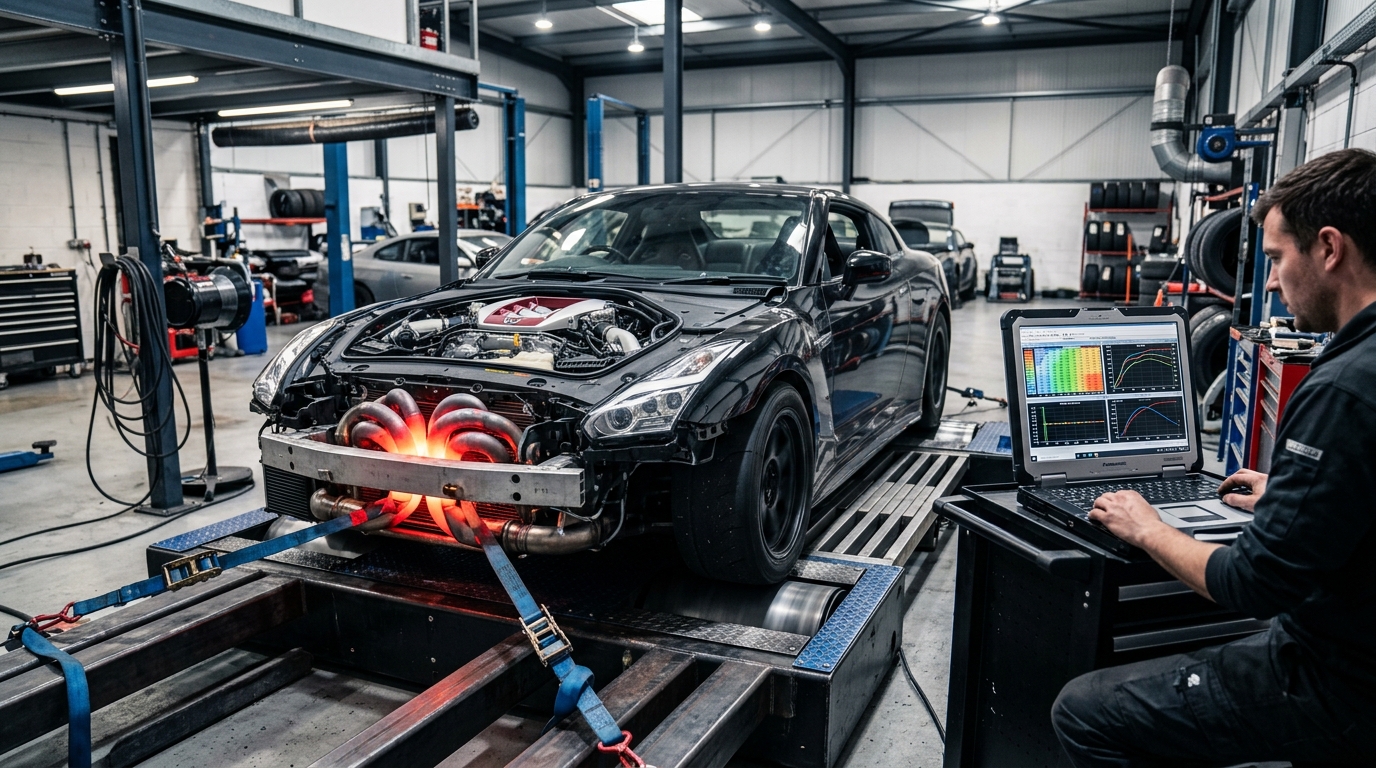 Performance car undergoing dyno tuning with glowing exhaust manifold and ECU fuel map telemetry