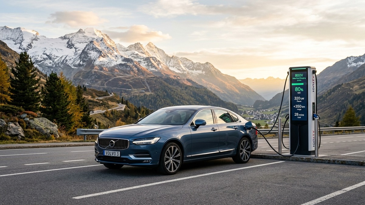 Volvo ES90 electric luxury sedan charging at a high-power 350 kW DC fast charger during real-world highway testing