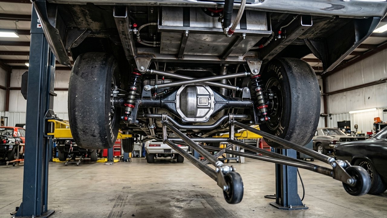 Underbody chassis photo showing chromoly wheelie bars, Ford 9-inch solid axle differential, and double-adjustable coilover racing shocks