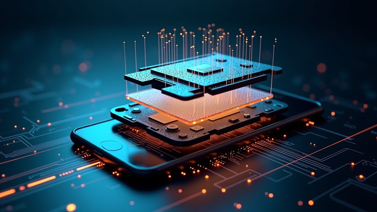 Exploded 3D view of smartphone internal offline technology including high-speed NAND flash vault and Edge-AI neural processor