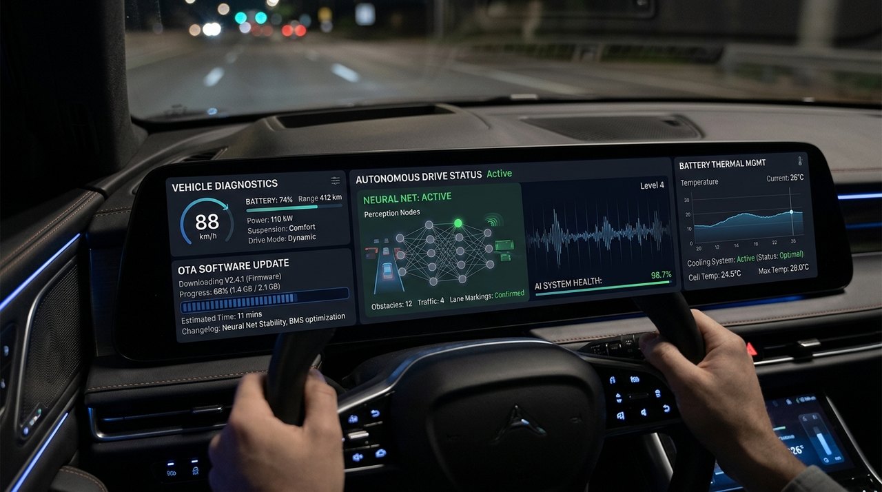Close-up digital dashboard UI showing autonomous neural network telemetry and vehicle diagnostics