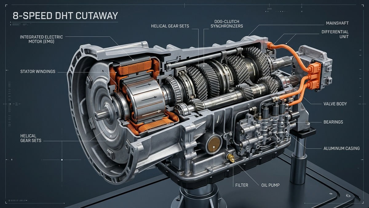 3D mechanical cutaway diagram of 8-speed Dedicated Hybrid Transmission showing dog-clutch gears, electric motor stator, and hybrid power-split architecture