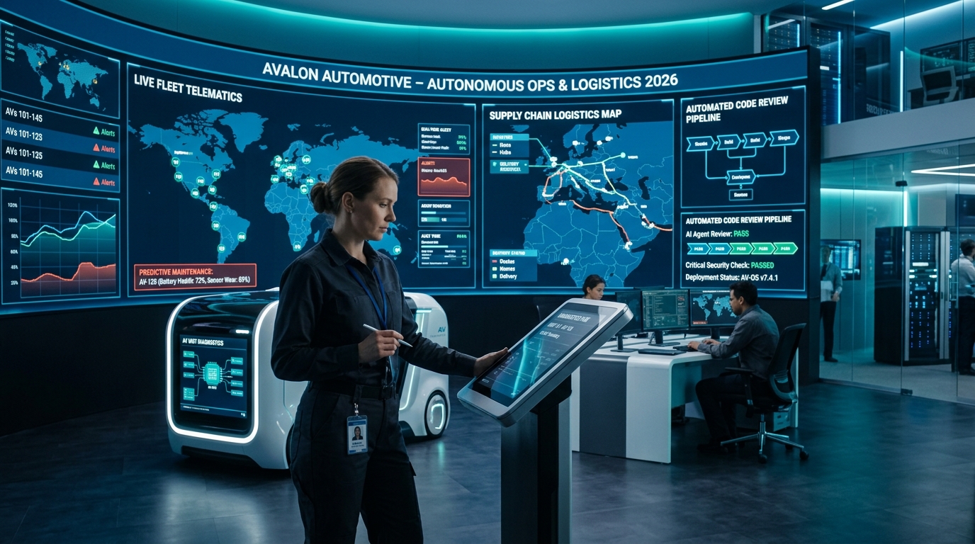 Enterprise operations control room with autonomous AI agents managing live vehicle telematics, predictive maintenance, and supply chain logistics