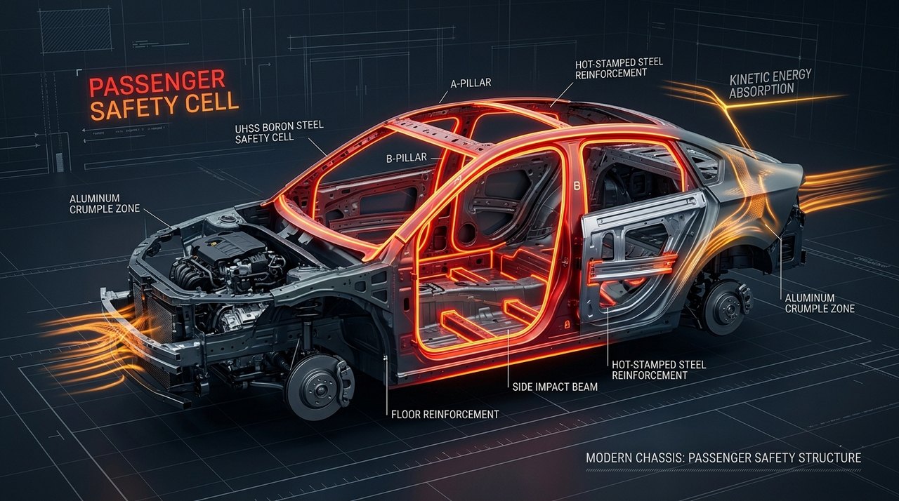 Technical 3D rendering of ultra-high-strength boron steel passenger safety cell and crumple zones
