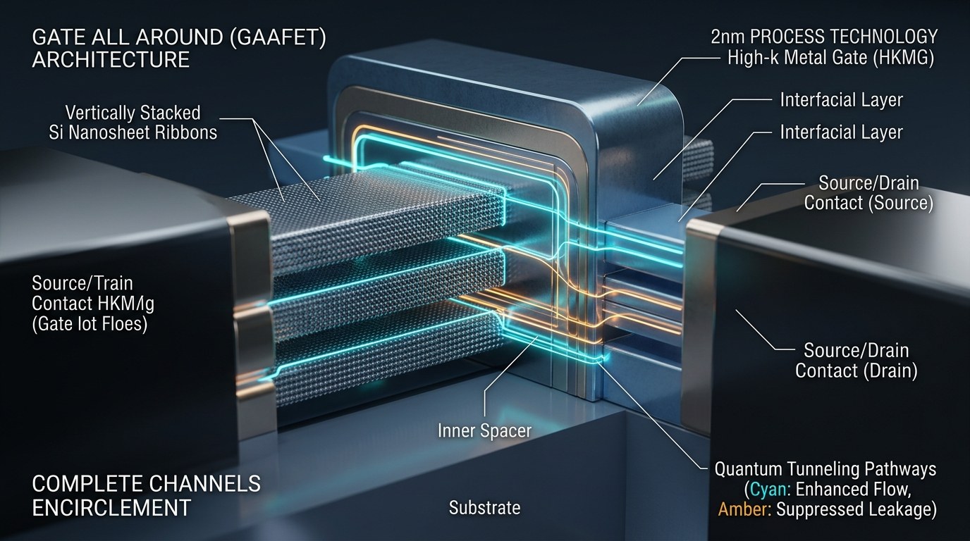 3D Microscopic Diagram of 2nm Gate-All-Around (GAAFET) Nanosheet Transistor with stacked silicon ribbons, HKMG gate, and quantum tunneling pathways