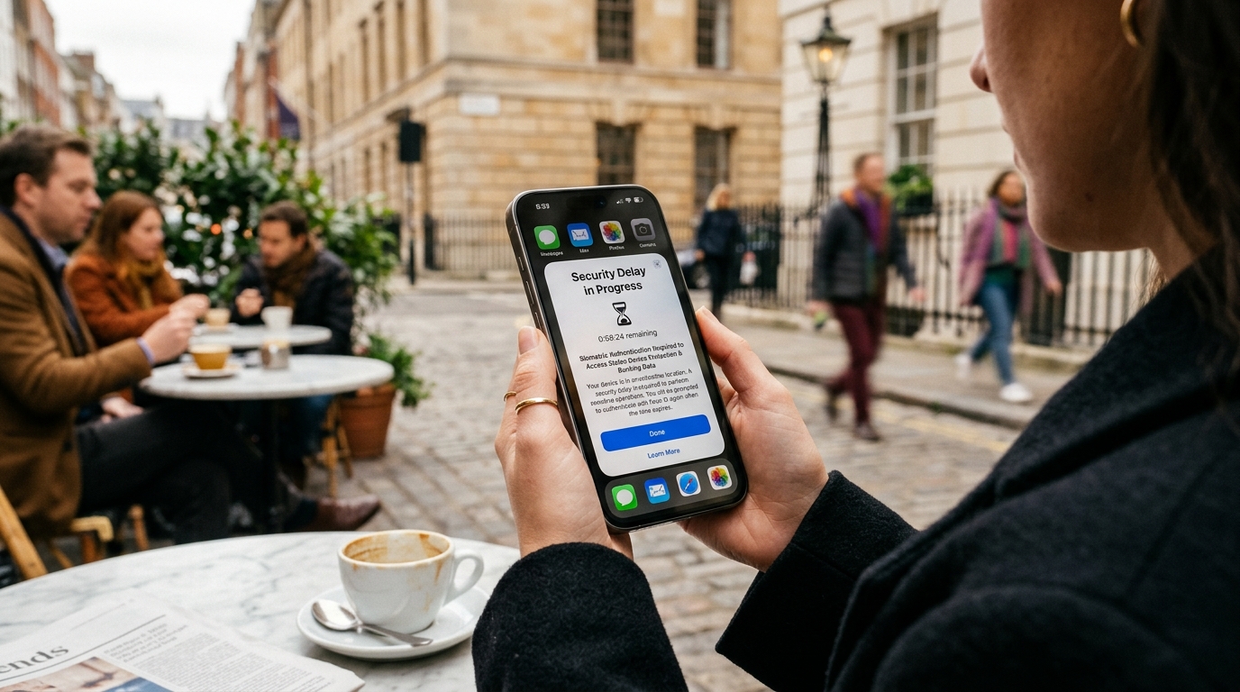 iPhone displaying iOS Stolen Device Protection security delay modal requiring Face ID biometric verification in an outdoor public cafe
