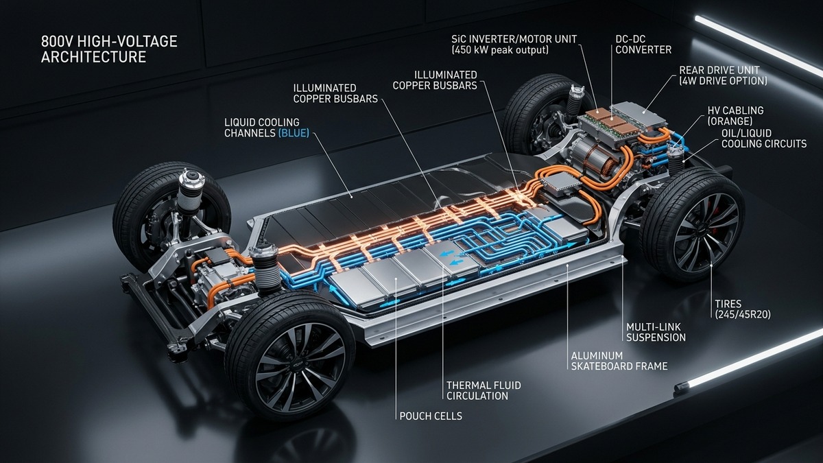 Volvo ES90 800V high-voltage battery platform and liquid-cooled skateboard chassis technical breakdown