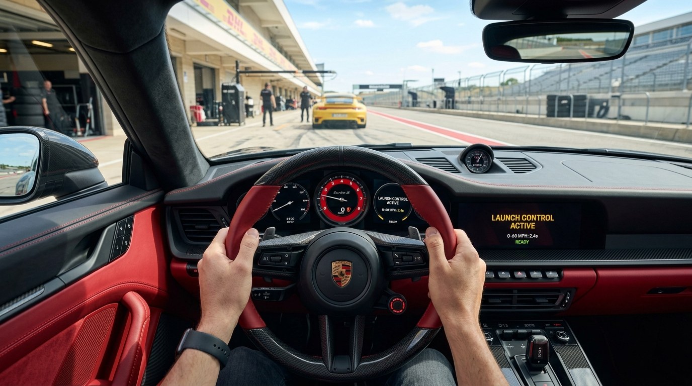 2026 Porsche 911 Turbo S Driver Cockpit displaying Launch Control Active 0-60 MPH 2.4s screen and Sport Chrono dial on dashboard