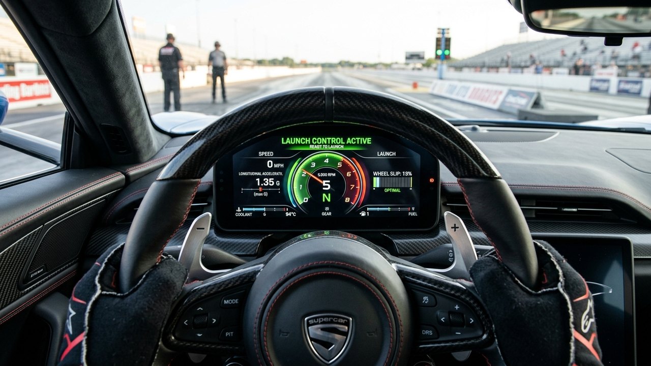 Cockpit HUD view displaying active launch control mode at 5000 RPM stall speed with G-force meter