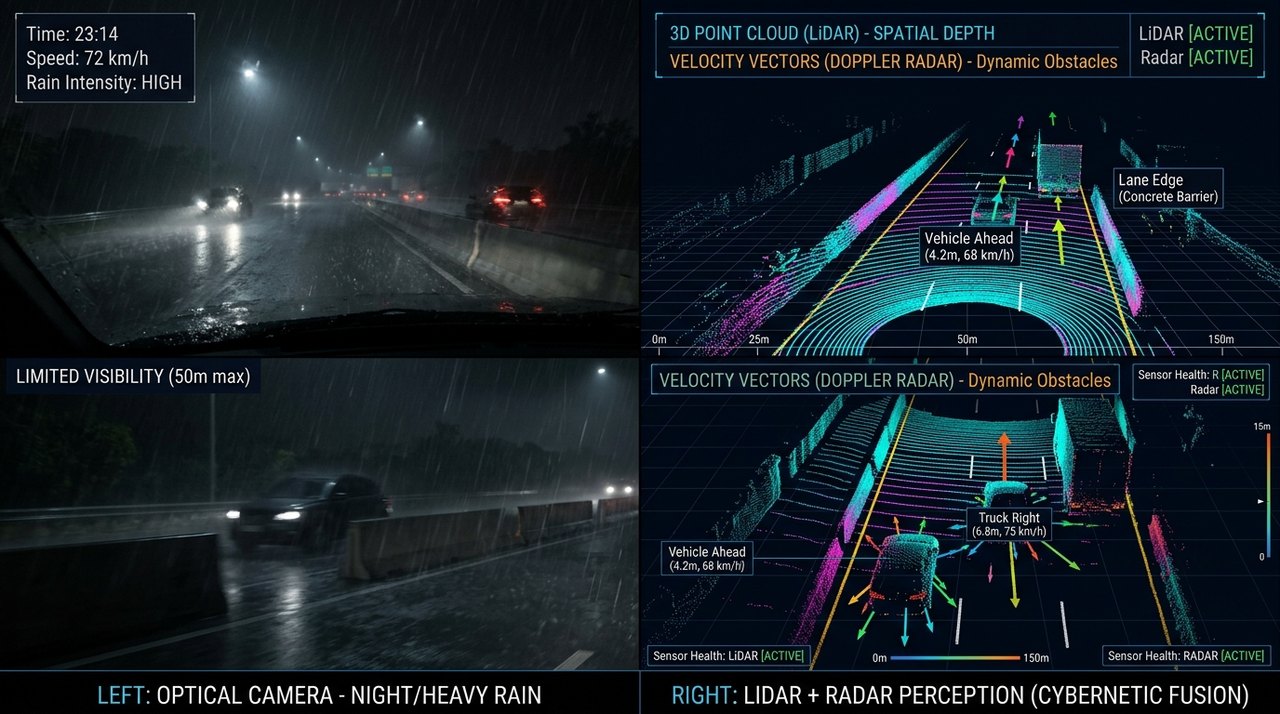 Perception split comparison showing optical camera limitation in rain versus LiDAR 3D spatial depth mapping
