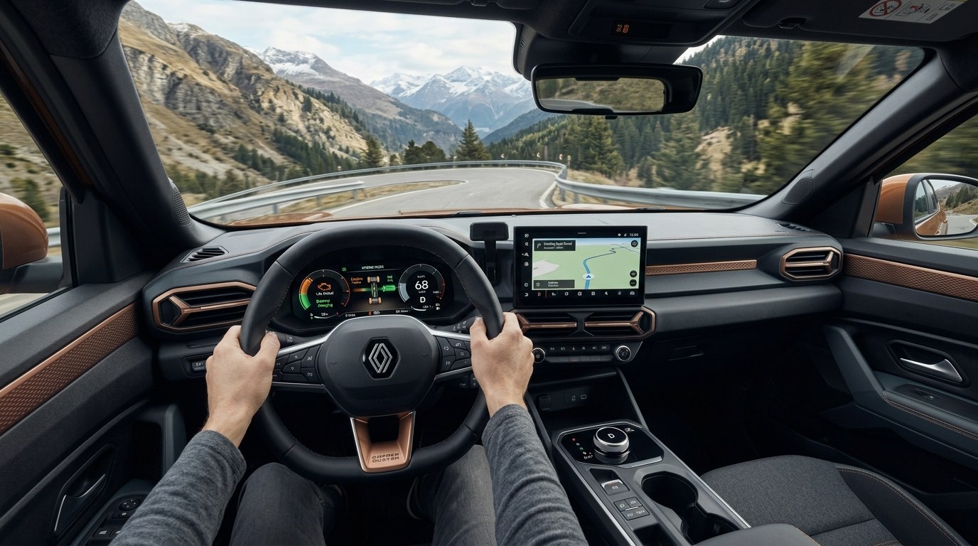 2026 Renault Duster Hybrid Driver Cockpit with Digital Instrument Cluster displaying Real-Time Hybrid Energy Flow and 8-Speed Gear Selection
