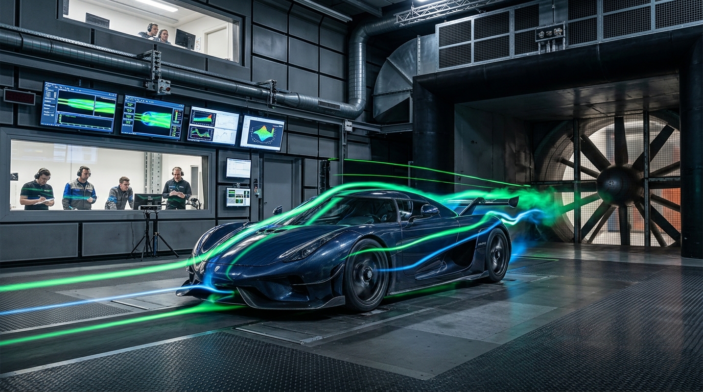 Hypercar wind tunnel aerodynamic CFD testing with illuminated airflow streamlines and telemetry