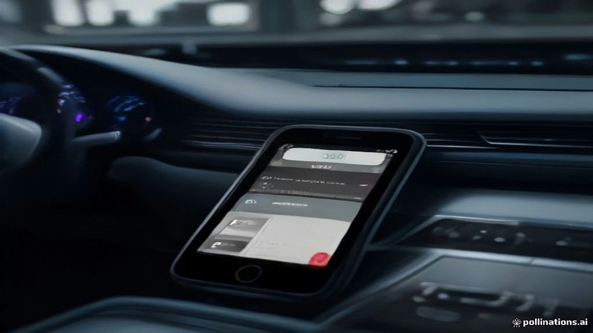Luxury car interior at night with iPhone mounted on dashboard and vehicle touchscreen running Apple CarPlay with encrypted telematics session alert