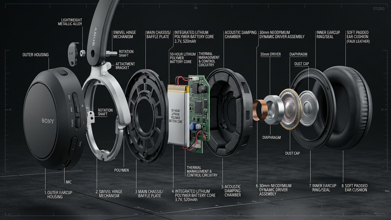 Technical 3D engineering cutaway of Sony WH-CH520 30mm dynamic driver and internal battery core