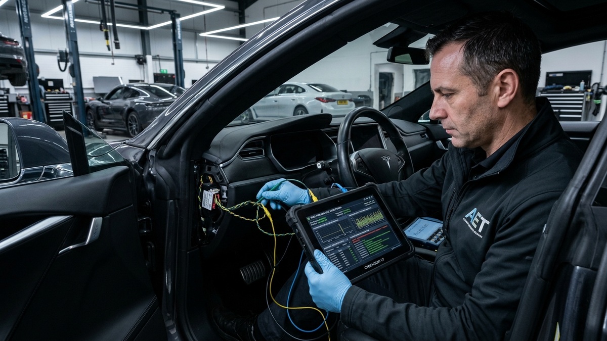 Automotive engineer probing vehicle OBD-II diagnostic port and CAN-bus wiring harness with cybersecurity diagnostic tablet scanner