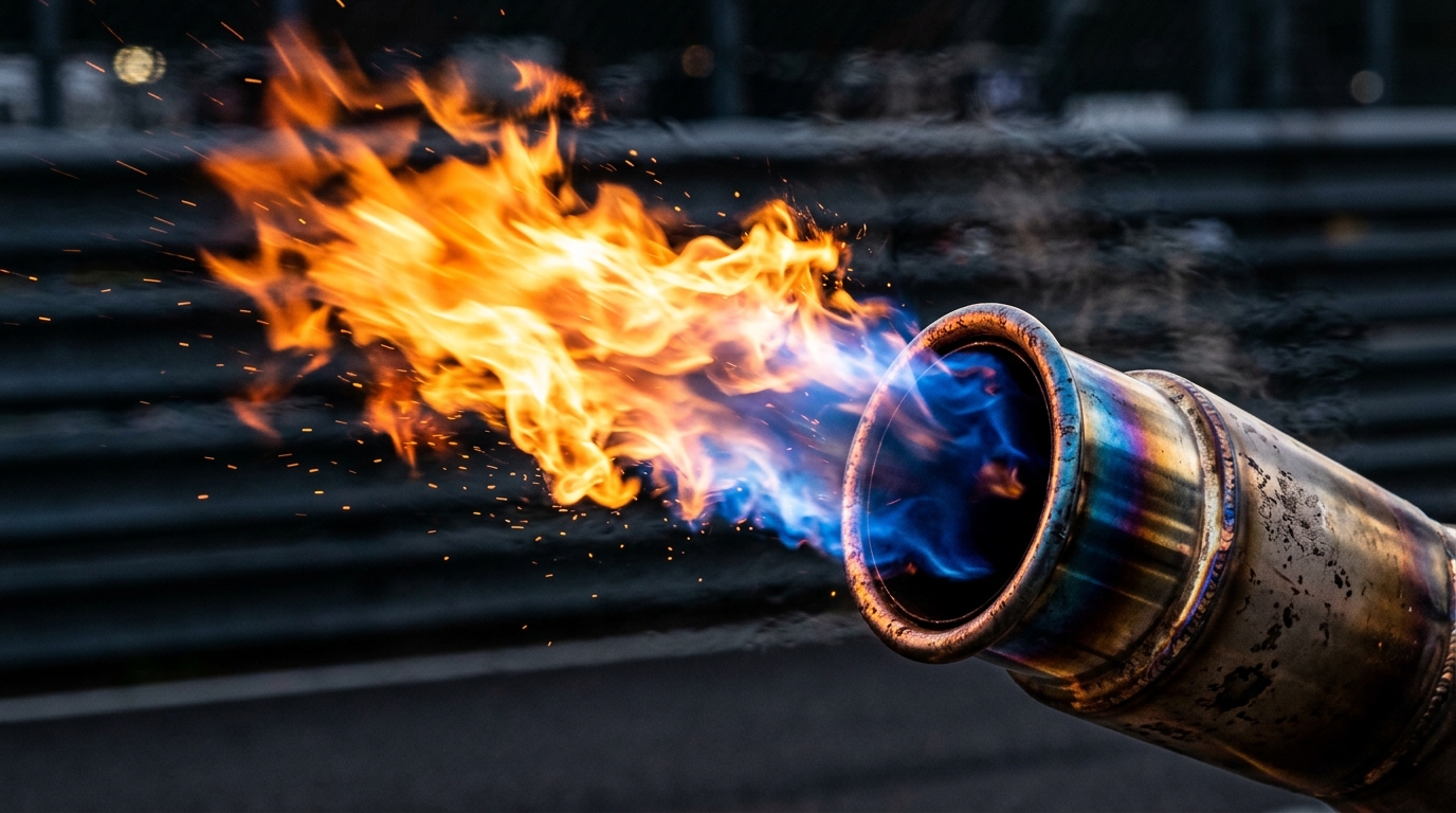 Macro close-up of titanium exhaust tip shooting blue combustion core and orange flame plume