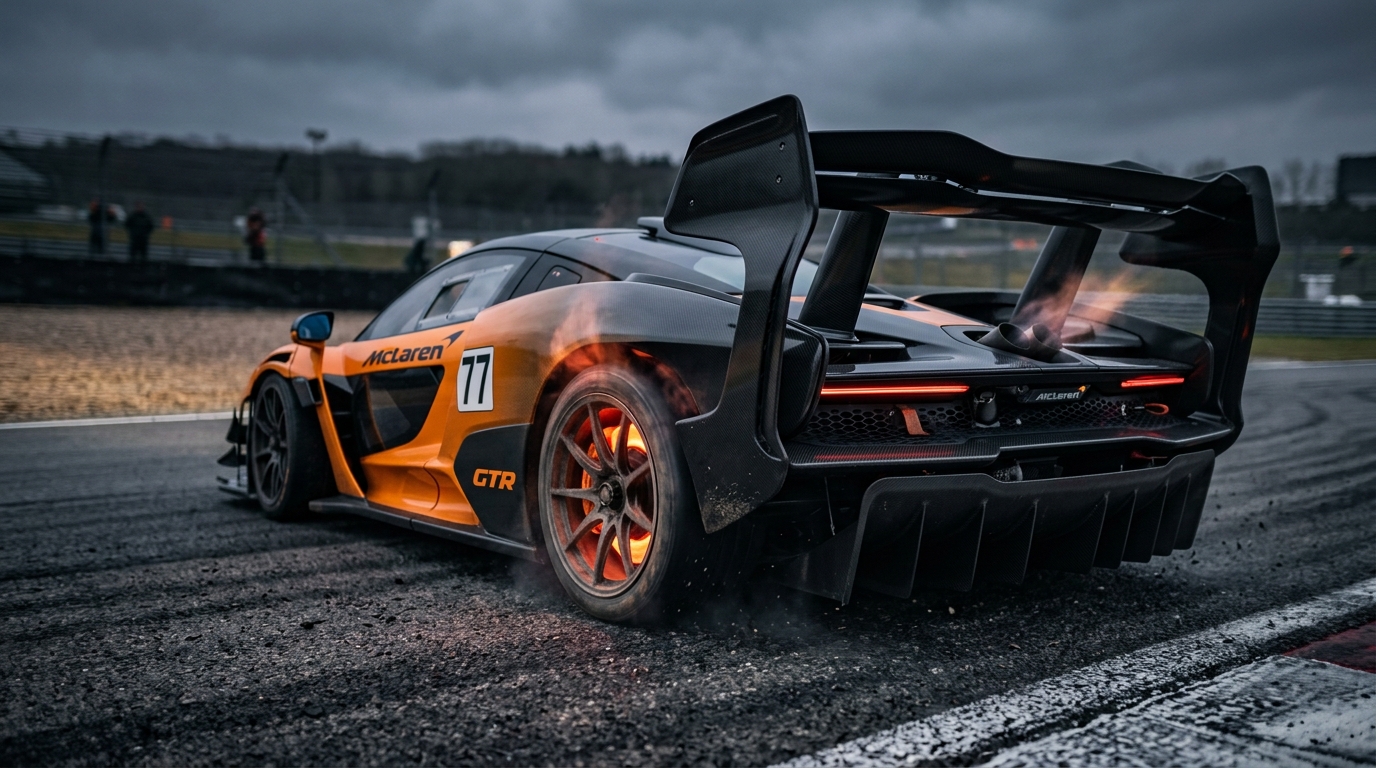 Active aero wing deployed as high-speed airbrake with glowing carbon ceramic brakes under heavy deceleration